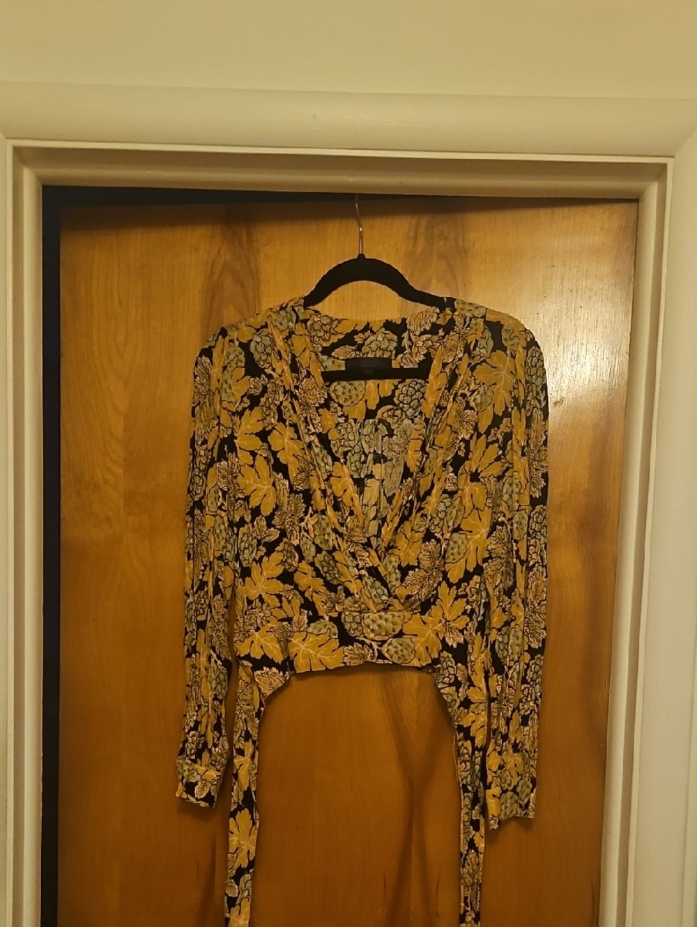 RACHEL Rachel Roy Black Floral Wrap Tie-Front Blouse with Mustard Yellow Print